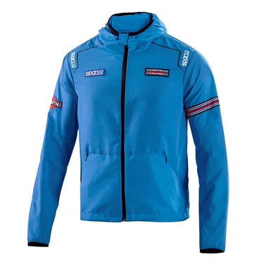 Blue jacket with branding on a white background